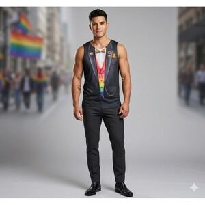Faux Real Men's Tank Top gay Pride Tuxedo, ‎ Rainbow Realistic tee size medium